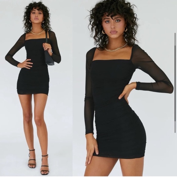 Princess Polly Charvi Black Mesh Long Sleeve Square Neck Ruched Mini Dress - Picture 3 of 11